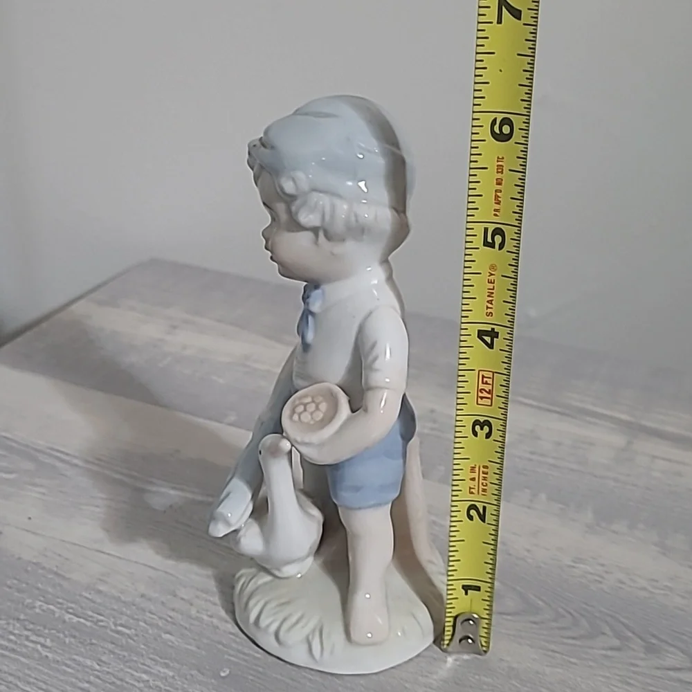 Unique Vintage Blue and White Porcelain Boy with Goose Figurine